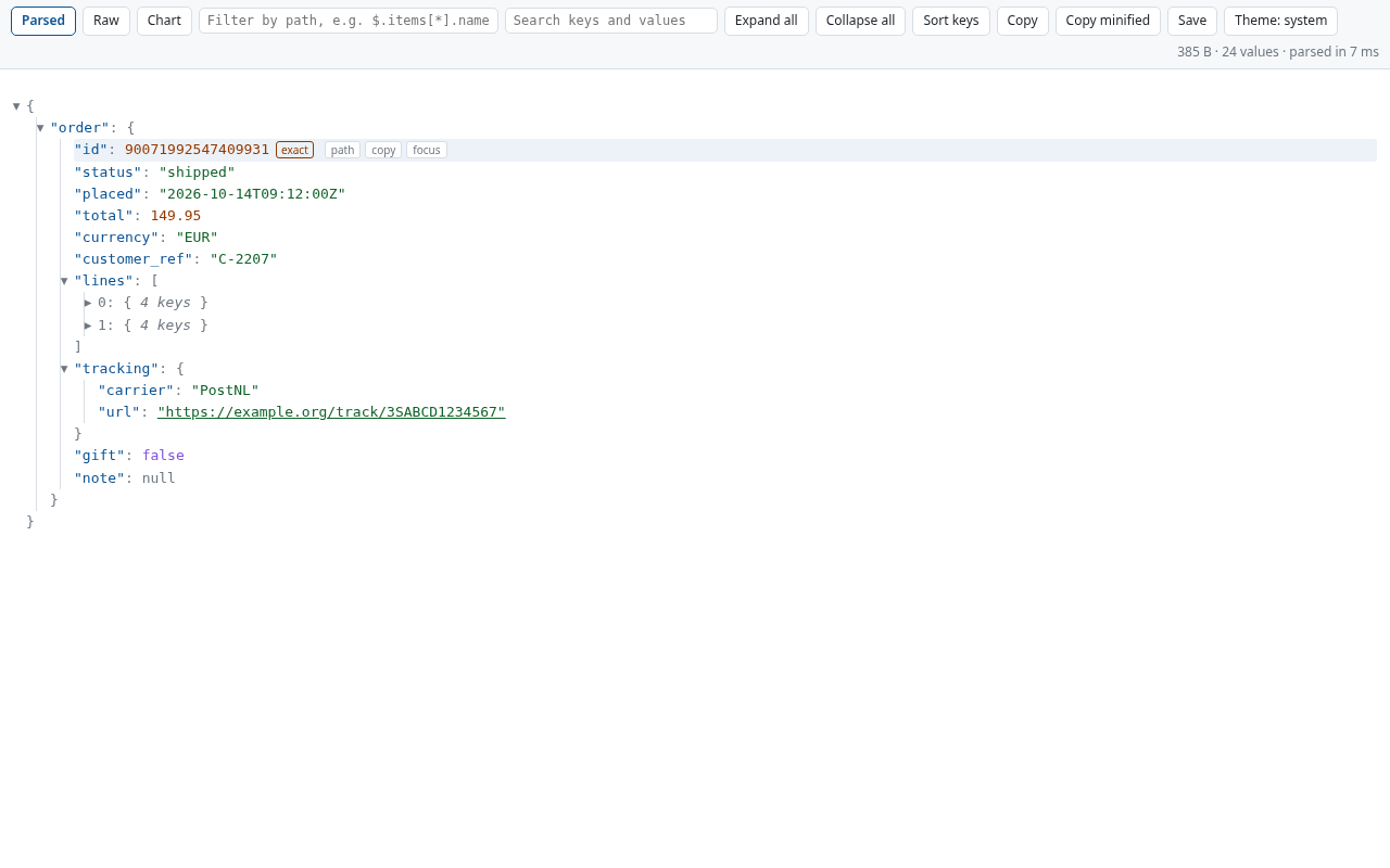 Parsed tree of an order with a large id kept exact, with filter and search in the toolbar.