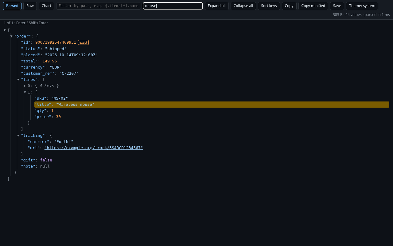 Searching for "mouse" highlights the matching line.