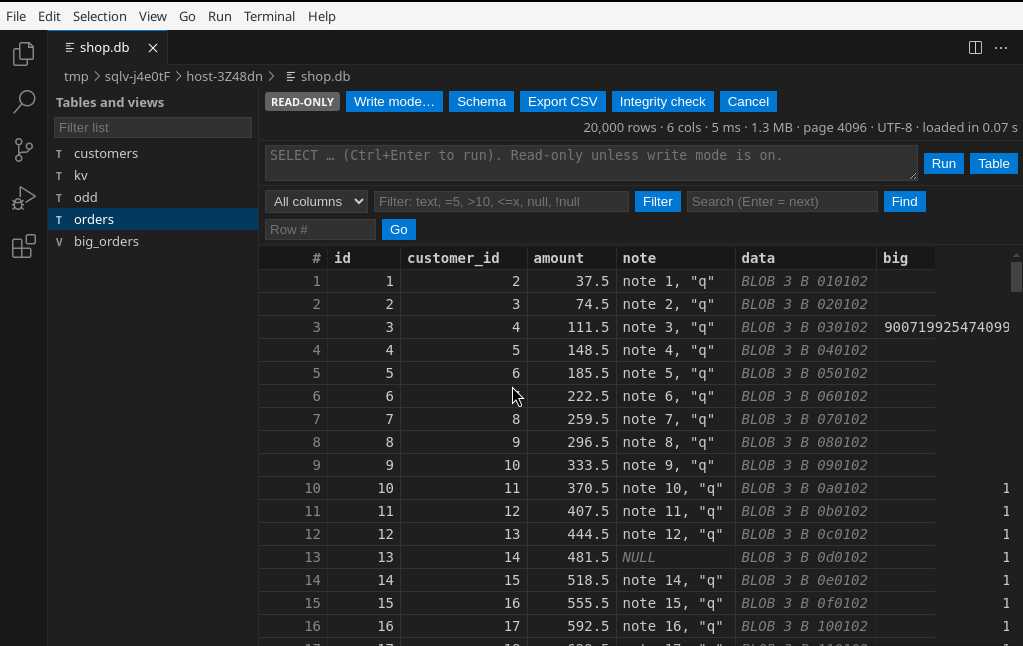 SafeLite showing a SQLite table with its side list, toolbar and paged grid in VS Code