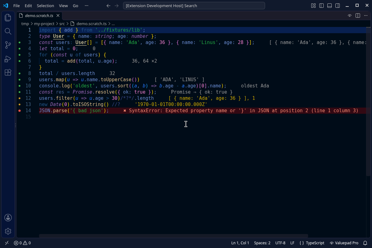 Valuepad showing values, console output and loop counts next to the lines of a TypeScript file in VS Code